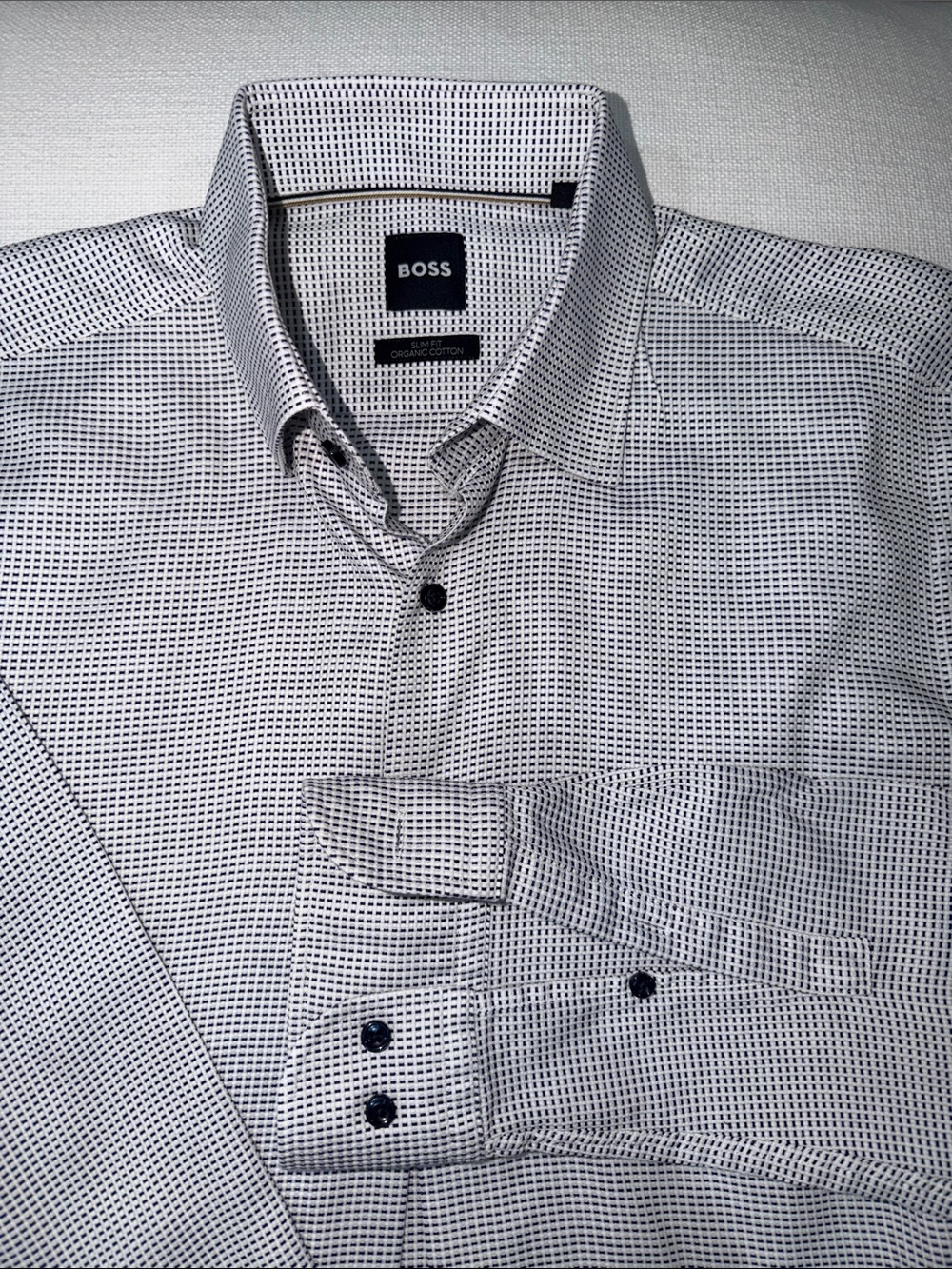 BOSS Men's White Dress Shirt with Black Micro-Grid slim fit 15.5